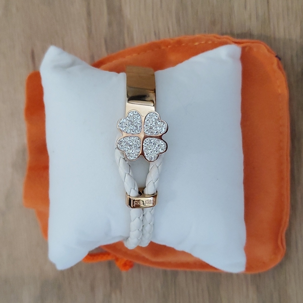 Folli Follie Rose Gold, Braided White Leather Crystal Clover Bracelet